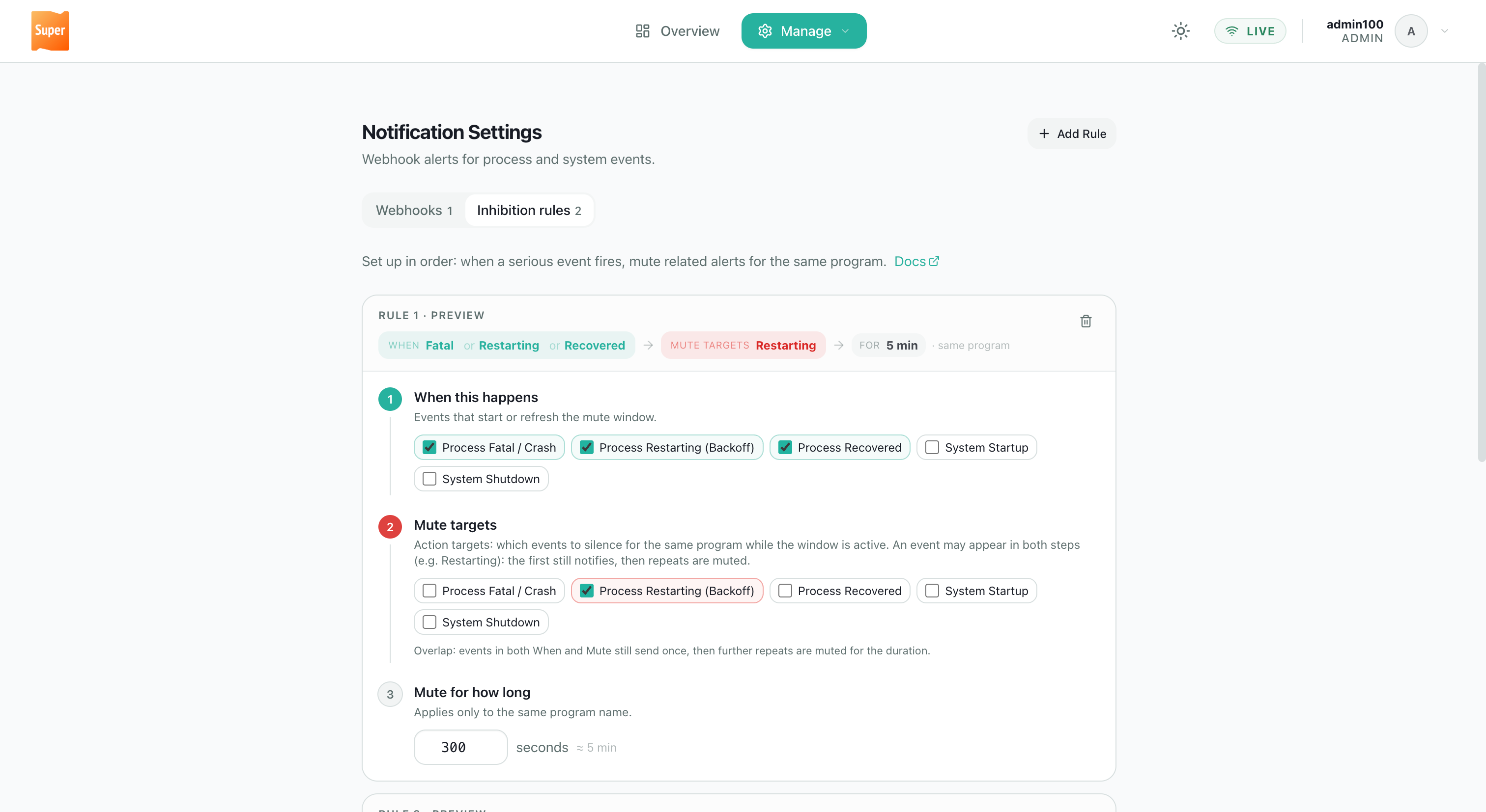Notification settings — Inhibition rules tab