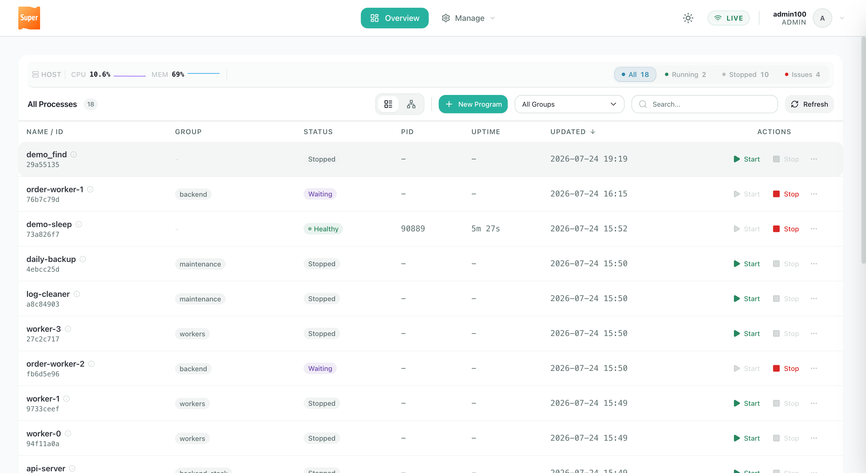 Dashboard overview — process list and host metrics