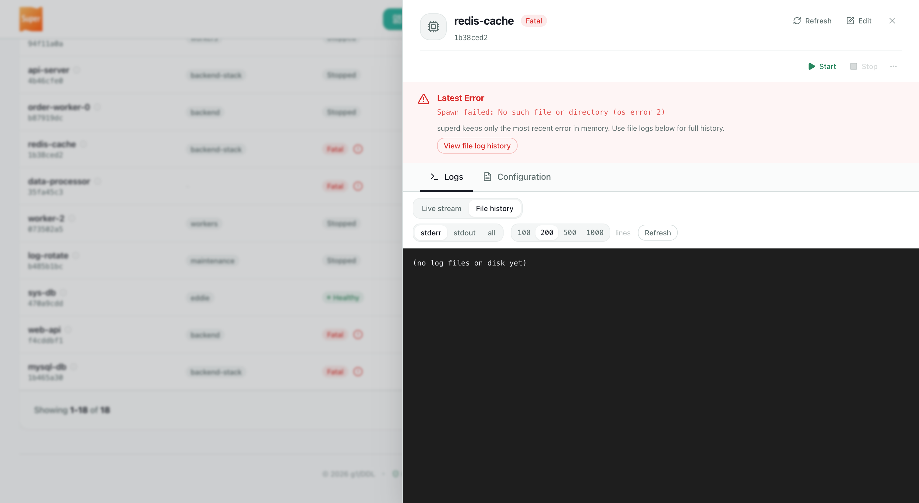 Live program log tail in the detail drawer
